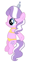 Size: 597x1259 | Tagged: suggestive, artist:reitanna-seishin, derpibooru import, edit, diamond tiara, pony, bikini, bipedal, clothes, female, image, png, scared, simple background, solo, swimsuit, transparent background, vector, we don't normally wear clothes