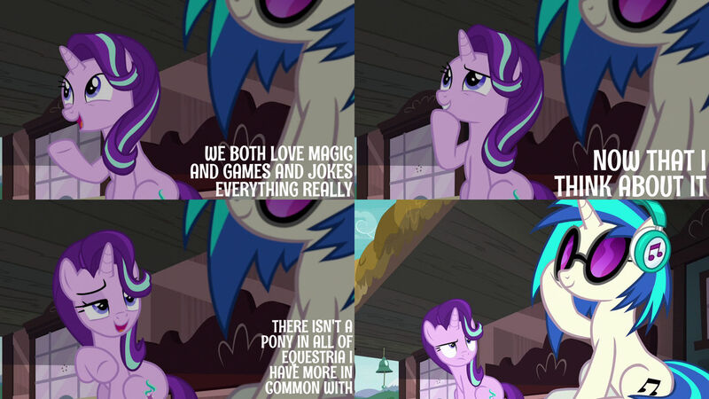 Size: 1280x720 | Tagged: safe, derpibooru import, edit, edited screencap, editor:quoterific, screencap, starlight glimmer, vinyl scratch, pony, unicorn, season 7, uncommon bond, duo, duo female, female, headphones, image, jpeg, mare, open mouth, train station