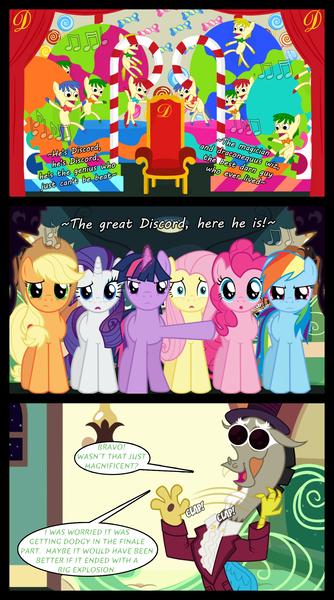 Size: 1280x2300 | Tagged: safe, artist:bigsnusnu, derpibooru import, applejack, discord, fluttershy, pinkie pie, rainbow dash, rarity, twilight sparkle, draconequus, earth pony, pegasus, unicorn, comic:dusk shine in pursuit of happiness, candy, candy cane, chair, charlie and the chocolate factory, clapping, curtains, dusk shine, food, happy, image, png, puppet, rule 63, singing, suspicious, throne, willy wonka