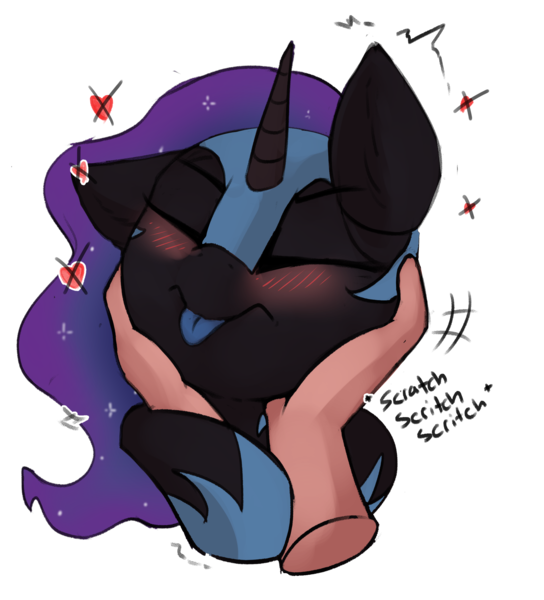 Size: 2226x2457 | Tagged: safe, artist:beardie, derpibooru import, part of a set, nightmare moon, human, beardies scritching ponies, blushing, commission, cute, disembodied hand, eyes closed, hand, image, moonabetes, png, simple background, tongue out, transparent background, ych result