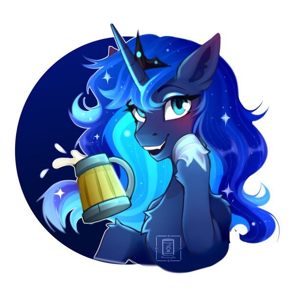 Size: 3543x3543 | Tagged: safe, artist:buvanybu, derpibooru import, princess luna, alicorn, pony, alcohol, blushing, chest fluff, cute, cute little fangs, drink, drunk, ear blush, ear fluff, ethereal mane, eyelashes, eyeshadow, fangs, glowing mane, go home you're drunk, high res, horseshoes, image, jewelry, jpeg, leg fluff, looking at you, lunabetes, makeup, mug, shoulder fluff, simple background, smiling, smiling at you, solo, sparkles, starry mane, tiara, unshorn fetlocks, white background