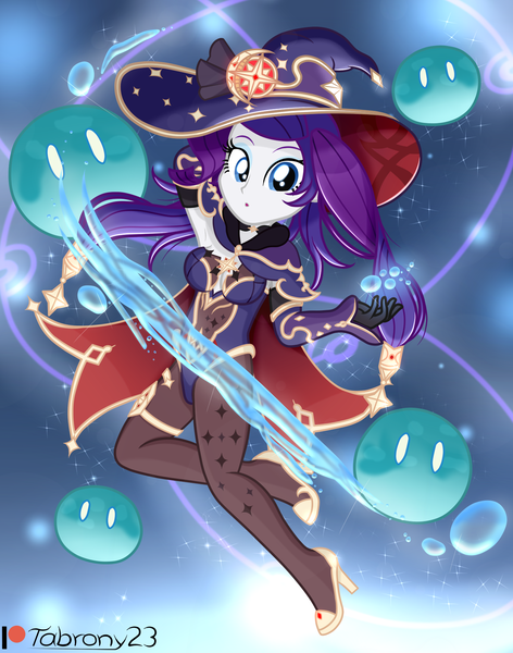 Size: 1459x1854 | Tagged: safe, artist:tabrony23, derpibooru import, rarity, cape, clothes, cosplay, costume, cute, detached sleeves, female, genshin impact, giant hat, gloves, hat, high heels, high res, image, leotard, looking at you, magic, mona (genshin impact), patreon, patreon logo, png, shoes, slimes (genshin impact), socks, solo, solo female, stockings, thigh highs, water