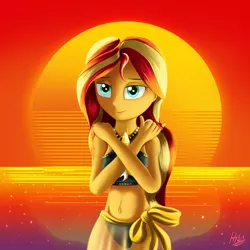 Size: 1500x1500 | Tagged: safe, artist:jphyperx, derpibooru import, sunset shimmer, equestria girls, equestria girls series, beach, bedroom eyes, belly button, clothes, female, hair twirl, image, midriff, png, retrowave, sarong, sexy, solo, sun, sunset, swimsuit