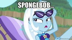 Size: 800x450 | Tagged: safe, derpibooru import, edit, edited screencap, screencap, trixie, equestria girls, equestria girls series, forgotten friendship, caption, clothes, image, image macro, mermaid man and barnacle boy, png, solo, spongebob squarepants, swimsuit, text