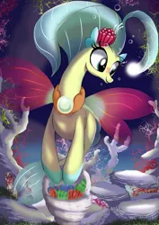 Size: 1024x1449 | Tagged: safe, artist:neoshrek, derpibooru import, princess skystar, hippogriff, seapony (g4), my little pony: the movie, bioluminescent, blue mane, bubble, clothes, coral, eyelashes, female, fins, fish tail, flower, flower in hair, glow, image, jewelry, jpeg, necklace, ocean, open mouth, pearl necklace, red wings, seashell, see-through, shell, smiling, solo, swimming, tail, underwater, water, wings