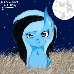 Size: 500x500 | Tagged: safe, artist:mudmee-thai, derpibooru import, oc, unofficial characters only, earth pony, pony, bust, earth pony oc, eyelashes, female, full moon, image, jpeg, mare, moon, night, outdoors, signature, smiling, stars