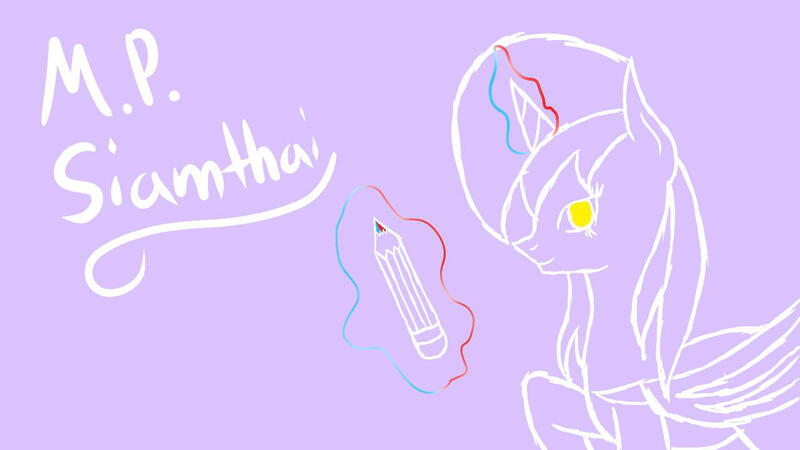 Size: 1280x720 | Tagged: safe, artist:mudmee-thai, derpibooru import, oc, unofficial characters only, alicorn, pony, alicorn oc, female, glowing horn, horn, image, jpeg, lineart, magic, mare, pencil, purple background, signature, simple background, telekinesis, wings