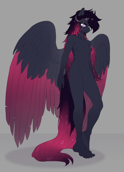 Size: 640x886 | Tagged: suggestive, artist:renka2802, derpibooru import, oc, anthro, pegasus, breasts, digital art, featureless breasts, featureless crotch, female, horns, image, pegasus oc, png, solo, wings