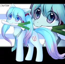 Size: 1267x1236 | Tagged: safe, artist:aleuoliver, derpibooru import, ponified, earth pony, pony, anime, crossover, cute, female, hatsune miku, headphones, ievan polkka, image, jpeg, leek, mare, mouth hold, necktie, solo, vocaloid, zoom layer
