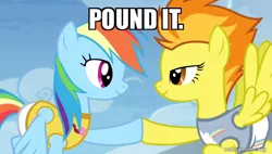 Size: 800x454 | Tagged: safe, derpibooru import, edit, edited screencap, screencap, rainbow dash, spitfire, pegasus, pony, equestria games (episode), caption, hoofbump, image, image macro, miraculous ladybug, png, pound it, text