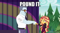 Size: 800x450 | Tagged: safe, derpibooru import, edit, edited screencap, screencap, max steele, sunset shimmer, human, equestria girls, equestria girls series, sunset's backstage pass!, spoiler:eqg series (season 2), caption, clothes, duo, female, fist bump, image, image macro, male, miraculous ladybug, png, pound it, sunglasses, text