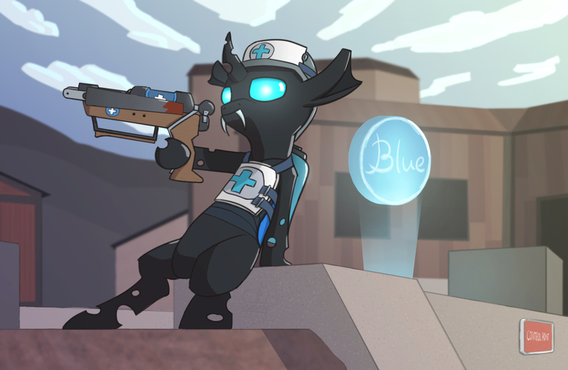 Size: 1654x1080 | Tagged: safe, artist:swordy, artist:tsswordy, derpibooru import, changeling, blue, blue changeling, blue eyes, blue team, bulletproof vest, clothes, costume, crossbow, fangs, glowing eyes, helmet, horn, image, jpeg, medic, solo, team fortress 2, weapon