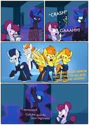 Size: 3000x4242 | Tagged: safe, artist:moonatik, derpibooru import, part of a set, blaze, fire streak, nightmare moon, soarin', spitfire, oc, unnamed oc, alicorn, pegasus, pony, alternate timeline, belt, boots, casual nightmare moon, clothes, comic, dialogue, dress, ethereal mane, female, glasses, high res, image, jacket, jewelry, male, mare, missing accessory, necklace, nightmare takeover timeline, onomatopoeia, part of a series, png, shirt, shoes, stallion, sweater, tail bun, tanktop, text, this will not end well, wonderbolts