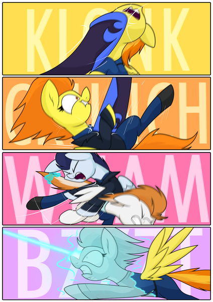 Size: 3000x4242 | Tagged: safe, artist:moonatik, derpibooru import, part of a set, blaze, fire streak, nightmare moon, soarin', spitfire, alicorn, pegasus, pony, abuse, alternate timeline, armor, clothes, comic, dialogue, ethereal mane, female, fight, high res, image, jacket, magic, male, mare, nightmare takeover timeline, part of a series, petrification, png, punch, stallion, tanktop, text, violence, wonderbolts