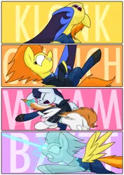 Size: 3000x4242 | Tagged: safe, artist:moonatik, derpibooru import, part of a set, blaze, fire streak, nightmare moon, soarin', spitfire, alicorn, pegasus, pony, abuse, alternate timeline, armor, clothes, comic, dialogue, ethereal mane, female, fight, high res, image, jacket, magic, male, mare, nightmare takeover timeline, part of a series, petrification, png, punch, stallion, tanktop, text, violence, wonderbolts