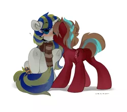 Size: 1700x1500 | Tagged: safe, artist:zlatavector, derpibooru import, oc, oc:gray area, unofficial characters only, earth pony, pony, unicorn, clothes, female, image, kissing, mare, oc x oc, png, scarf, shipping