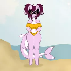 Size: 3543x3543 | Tagged: safe, artist:chubbehbunneh16, derpibooru import, oc, unofficial characters only, anthro, original species, pony, shark, shark pony, unguligrade anthro, arm behind back, beach, body freckles, breasts, cleavage, clothes, eye clipping through hair, female, freckles, gradient mane, image, mare, png, shoulder freckles, simple background, solo, swimsuit