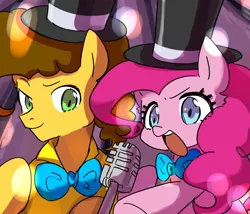 Size: 700x600 | Tagged: safe, artist:770nanao15, derpibooru import, cheese sandwich, pinkie pie, earth pony, pony, pinkie pride, bowtie, duo, female, hat, image, make a wish, male, mare, microphone, open mouth, png, scene interpretation, stallion, top hat