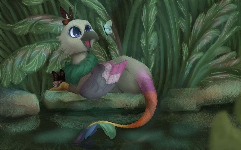 Size: 1280x795 | Tagged: safe, artist:violettacamak, derpibooru import, oc, butterfly, gryphon, insect, commission, griffon oc, image, jpeg, lake, solo, ych result