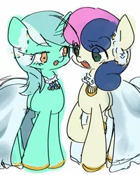 Size: 1200x1500 | Tagged: safe, artist:770nanao15, derpibooru import, bon bon, lyra heartstrings, sweetie drops, earth pony, pony, blushing, clothes, cute, dress, female, image, jpeg, lesbian, lyrabon, mare, open mouth, shipping, simple background, solo, wedding dress, white background