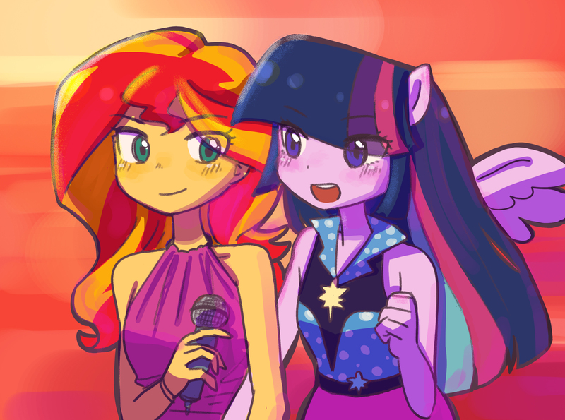 Size: 2275x1693 | Tagged: safe, artist:770nanao15, derpibooru import, sunset shimmer, twilight sparkle, twilight sparkle (alicorn), alicorn, equestria girls, rainbow rocks, duo, female, image, jpeg, microphone, open mouth, ponied up, scene interpretation, welcome to the show