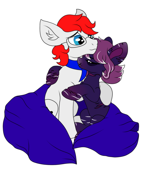 Size: 1512x1745 | Tagged: safe, artist:sajimex, derpibooru import, oc, oc:rae (min), unofficial characters only, earth pony, pegasus, pony, blanket, clothes, cut, dissociative identity disorder, duo, female, happy, hug, image, mare, persecutor, png, scarf, self harm scars, simple background, smiling, transparent background