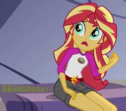 Size: 813x720 | Tagged: suggestive, artist:thedarkpony, derpibooru import, edit, edited screencap, screencap, sunset shimmer, equestria girls, legend of everfree, camp everfree outfits, clothes, cropped, fart, fart edit, fart noise, female, image, onomatopoeia, png, shorts, sitting, sound effects