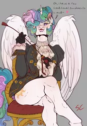 Size: 7087x10236 | Tagged: suggestive, artist:sourcherry, derpibooru import, princess celestia, alicorn, anthro, unguligrade anthro, clothes, crossed legs, gloves, hair bun, image, lace, png, solo, victorian, whip