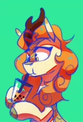 Size: 738x1074 | Tagged: safe, artist:anticular, derpibooru import, autumn blaze, kirin, bubble tea, drink, drinking, female, green background, hoof hold, image, jpeg, simple background, solo, straw