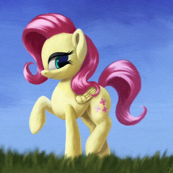 Size: 2595x2594 | Tagged: safe, artist:flusanix, derpibooru import, fluttershy, pegasus, pony, female, folded wings, grass, high res, image, looking at you, mare, outdoors, png, profile, raised hoof, smiling, solo, standing, wings