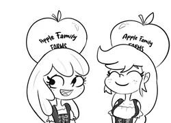 Size: 4554x3278 | Tagged: safe, artist:tjpones, derpibooru import, apple bloom, applejack, equestria girls, apple, apple sisters, black and white, duo, eyes closed, female, food, freckles, grayscale, image, monochrome, png, siblings, simple background, sisters, smiling, tooth gap, white background