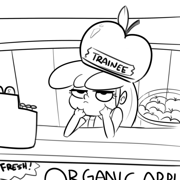 Size: 3000x3000 | Tagged: safe, artist:tjpones, derpibooru import, apple bloom, equestria girls, apple, black and white, cash register, female, food, freckles, grayscale, grumpy, hand on chin, hat, image, monochrome, png, solo