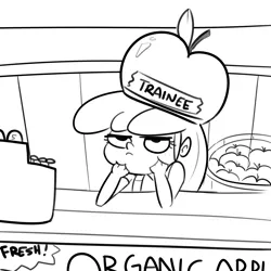 Size: 3000x3000 | Tagged: safe, artist:tjpones, derpibooru import, apple bloom, equestria girls, apple, black and white, cash register, female, food, freckles, grayscale, grumpy, hand on chin, hat, image, monochrome, png, solo