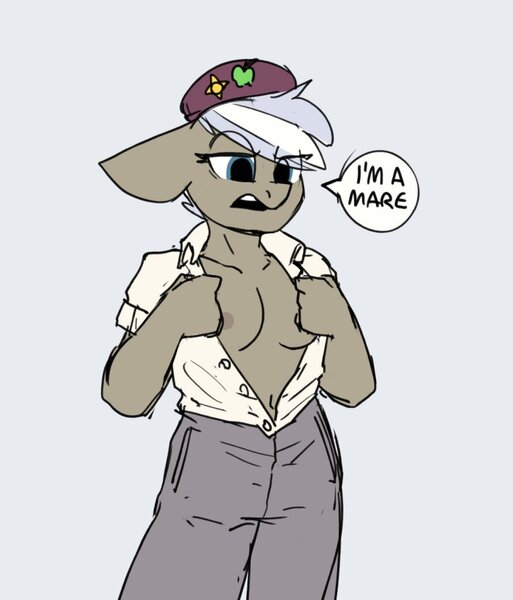 Size: 802x938 | Tagged: questionable, artist:tallaferroxiv, oc, oc:tangy apple, anthro, earth pony, breasts, clothes, dialogue, earth pony oc, female, floppy ears, gray background, hat, image, jpeg, looking down, nipples, nudity, open clothes, open mouth, open shirt, simple background, solo, solo female, undressing