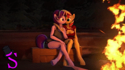 Size: 1280x720 | Tagged: safe, artist:scarletartom, derpibooru import, starlight glimmer, sunset shimmer, anthro, pony, unguligrade anthro, unicorn, 3d, animated, arm around neck, campfire, female, fire, holding hands, image, lesbian, looking at each other, loop, mare, night, no sound, shimmerglimmer, shipping, webm
