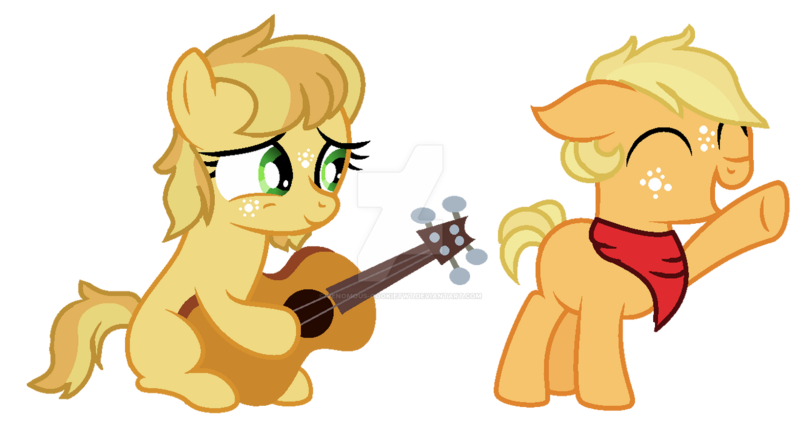 Size: 1280x683 | Tagged: safe, artist:venomous-cookietwt, derpibooru import, oc, unofficial characters only, earth pony, pony, base used, colt, female, filly, guitar, image, male, musical instrument, offspring, parent:applejack, parent:caramel, parents:carajack, png, simple background, transparent background