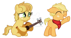 Size: 1280x683 | Tagged: safe, artist:venomous-cookietwt, derpibooru import, oc, unofficial characters only, earth pony, pony, base used, colt, female, filly, guitar, image, male, musical instrument, offspring, parent:applejack, parent:caramel, parents:carajack, png, simple background, transparent background