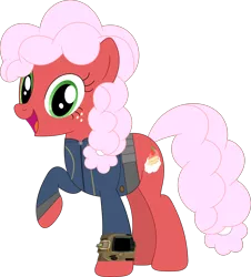 Size: 3210x3557 | Tagged: safe, artist:ponygamer2020, artist:porygon2z, derpibooru import, oc, oc:strawberry fluffcake, unofficial characters only, earth pony, pony, fallout equestria, absurd resolution, clothes, earth pony oc, fallout, female, image, jumpsuit, looking at you, mare, open mouth, pipboy, png, simple background, solo, teeth, transparent background, vault suit, vector