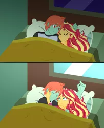 Size: 4194x5165 | Tagged: safe, artist:floonasif, derpibooru import, sunset shimmer, oc, oc:ruby sword, equestria girls, bed, bed hair, bedroom, bedsheets, canon x oc, clothes, female, image, insomnia, looking at each other, male, morning, night, pajamas, playing with hair, png, shipping, show accurate, sleeping, smiling, snuggling, straight, sunset's apartment, sunsword, tired, tired eyes, window