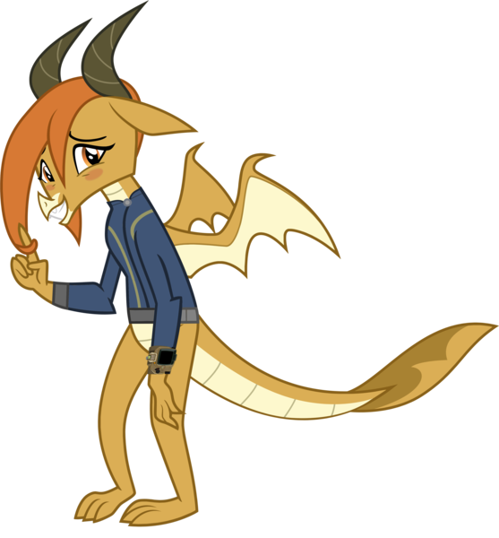 Size: 3470x3739 | Tagged: safe, artist:ponygamer2020, artist:tomfraggle, derpibooru import, ocellus, changedling, changeling, dragon, fallout equestria, school daze, blushing, clothes, cute, diaocelles, disguise, disguised changeling, dragon ocellus, fallout, female, high res, image, jumpsuit, looking at you, pipboy, png, shy, simple background, smiling, smiling at you, solo, spread wings, transparent background, vault suit, vector, wings