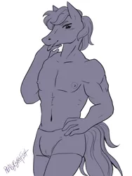 Size: 1800x2400 | Tagged: suggestive, artist:reallycoykoifish, derpibooru import, oc, oc:gluestick, anthro, anthro oc, boxer briefs, buff, clothes, commission, commission example, crotch bulge, image, male, monochrome, muscles, pinup, png, simple background, solo, underwear, white background