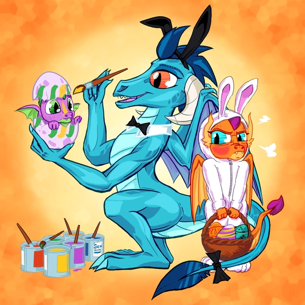 Size: 2000x2000 | Tagged: safe, artist:scarletdex8299, derpibooru import, princess ember, smolder, spike, dragon, angry, animal costume, basket, blushing, bowtie, bunny costume, bunny ears, clothes, costume, cute, dragoness, easter, easter egg, emberbetes, female, holiday, image, jpeg, male, paintbrush, smolderbetes, smoldere, spikabetes, trio, tsundere, winged spike