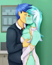 Size: 1600x2000 | Tagged: source needed, suggestive, alternate version, artist:focusb, derpibooru import, flash sentry, lyra heartstrings, equestria girls, equestria girls series, against wall, beautiful, big breasts, blushing, boob squish, breast fondling, breast grab, breasts, busty lyra heartstrings, cleavage, clothes, crotch grab, dress, evening gloves, eyes closed, female, flash sentry gets all the waifus, gloves, grope, holding, image, imminent sex, intimate, jpeg, kiss on the cheek, kissing, long gloves, lyraflash, male, passionate, sexy, shipping, side slit, straight, suit, touch
