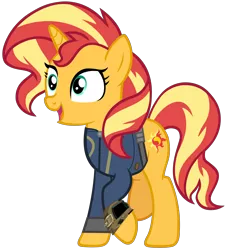 Size: 6348x6963 | Tagged: safe, artist:andoanimalia, artist:ponygamer2020, derpibooru import, edit, edited screencap, screencap, sunset shimmer, pony, unicorn, fallout equestria, equestria girls, equestria girls series, forgotten friendship, absurd resolution, clothes, fallout, female, image, jumpsuit, mare, not a vector, pipboy, png, simple background, smiling, solo, transparent background, vault suit, vector