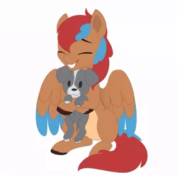 Size: 913x913 | Tagged: safe, artist:karzii, derpibooru import, oc, oc:allegra mazarine, unofficial characters only, dog, pegasus, pony, commission, eyes closed, hug, image, jpeg, simple background, sitting, smiling, teeth, white background, ych result