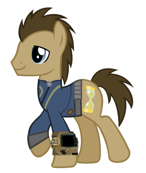 Size: 900x1064 | Tagged: safe, artist:misterlolrus, artist:ponygamer2020, derpibooru import, edit, edited screencap, screencap, doctor whooves, time turner, earth pony, pony, fallout equestria, clothes, fallout, image, jumpsuit, male, not a vector, pipboy, png, simple background, solo, stallion, transparent background, vault suit, vector, walking