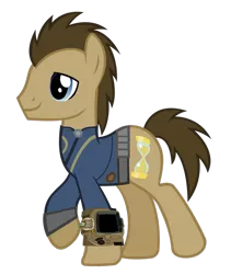 Size: 900x1064 | Tagged: safe, artist:misterlolrus, artist:ponygamer2020, derpibooru import, edit, edited screencap, screencap, doctor whooves, time turner, earth pony, pony, fallout equestria, clothes, fallout, image, jumpsuit, male, not a vector, pipboy, png, simple background, solo, stallion, transparent background, vault suit, vector, walking