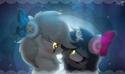Size: 1750x1036 | Tagged: safe, artist:jadebreeze115, derpibooru import, oc, oc:kate, oc:kej, unofficial characters only, pegasus, pony, unicorn, blushing, butterfly wings, chest fluff, cute, duo, female, gift art, glowing eyes, glowing horn, headphones, horn, image, k+k, looking at each other, love, magnet, male, mare, night, oc x oc, pegasus oc, png, romance, romantic, shipping, stallion, straight, unicorn oc, wings
