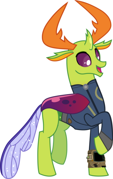 Size: 1600x2531 | Tagged: safe, artist:hendro107, artist:ponygamer2020, derpibooru import, edit, edited screencap, screencap, thorax, changedling, changeling, fallout equestria, triple threat, absurd resolution, changeling king, clothes, fallout, happy, image, jumpsuit, king thorax, male, not a vector, open mouth, pipboy, png, raised hoof, simple background, smiling, solo, transparent background, vault suit, vector