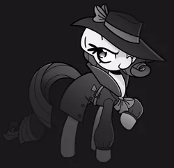 Size: 2206x2127 | Tagged: safe, alternate version, artist:kindakismet, derpibooru import, rarity, pony, black background, clothes, coat, detective rarity, female, hat, image, jpeg, mare, noir, simple background, solo